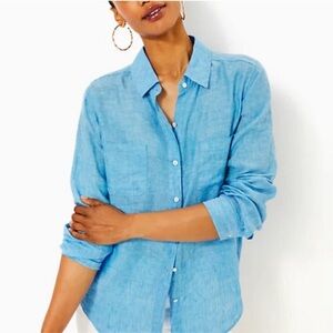 Lilly Pulitzer Sea View Button Down Linen Shirt in Blue